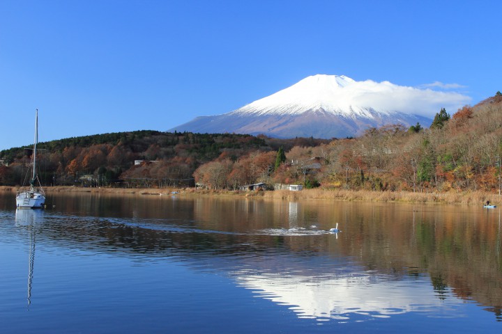 山中湖畔では富士山が綺麗に映ります。最高気温は19℃でポカポカでした。